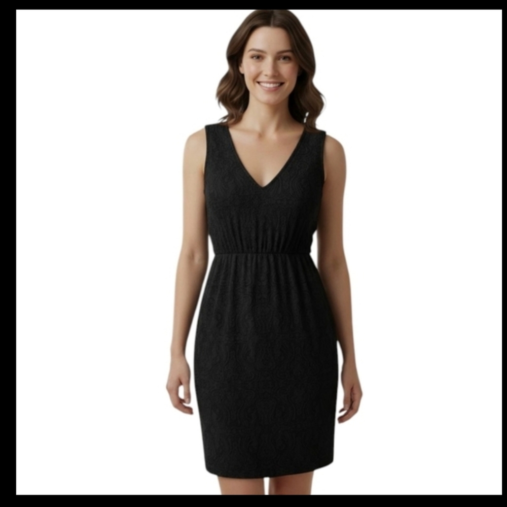 MSSP Max Studio Black Textured Sleeveless V Neck Babydoll Mini Sexy Dress Sz M